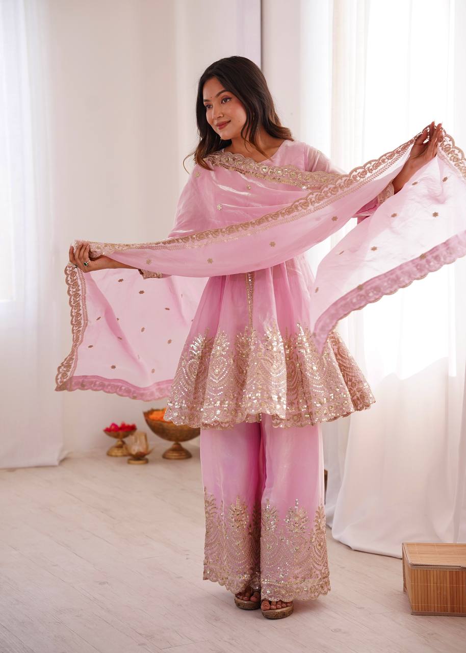 Heavily Embellished Tissue Silk Short Kurta Sharara Set with Organza Dupatta