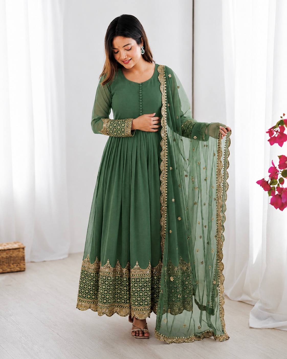 Georgette Anarkali Suit Set with Heavy Scallop Embroidered Border & Dupatta