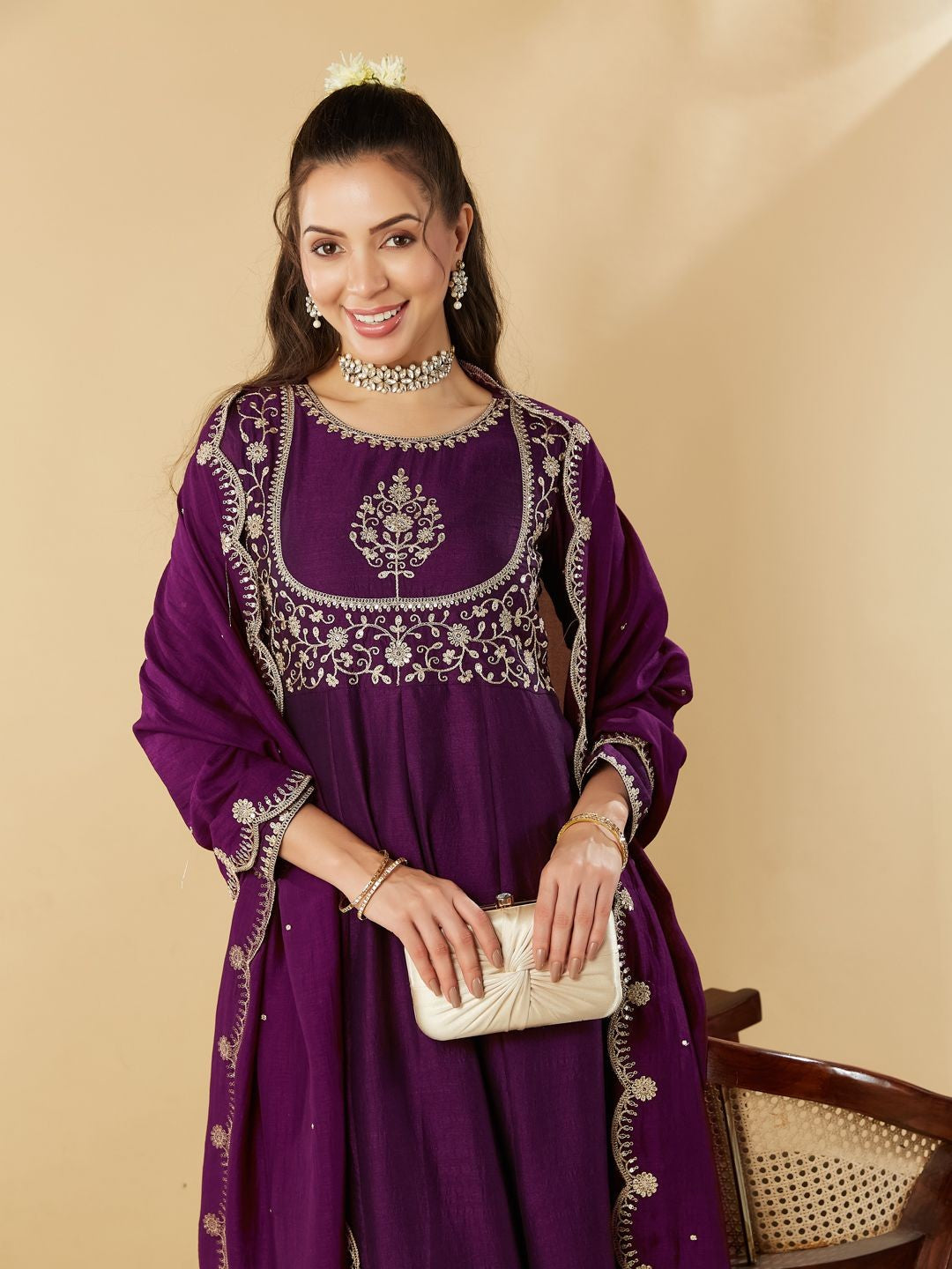 Royal Purple Embroidered Kurta Set with Dupatta for Women