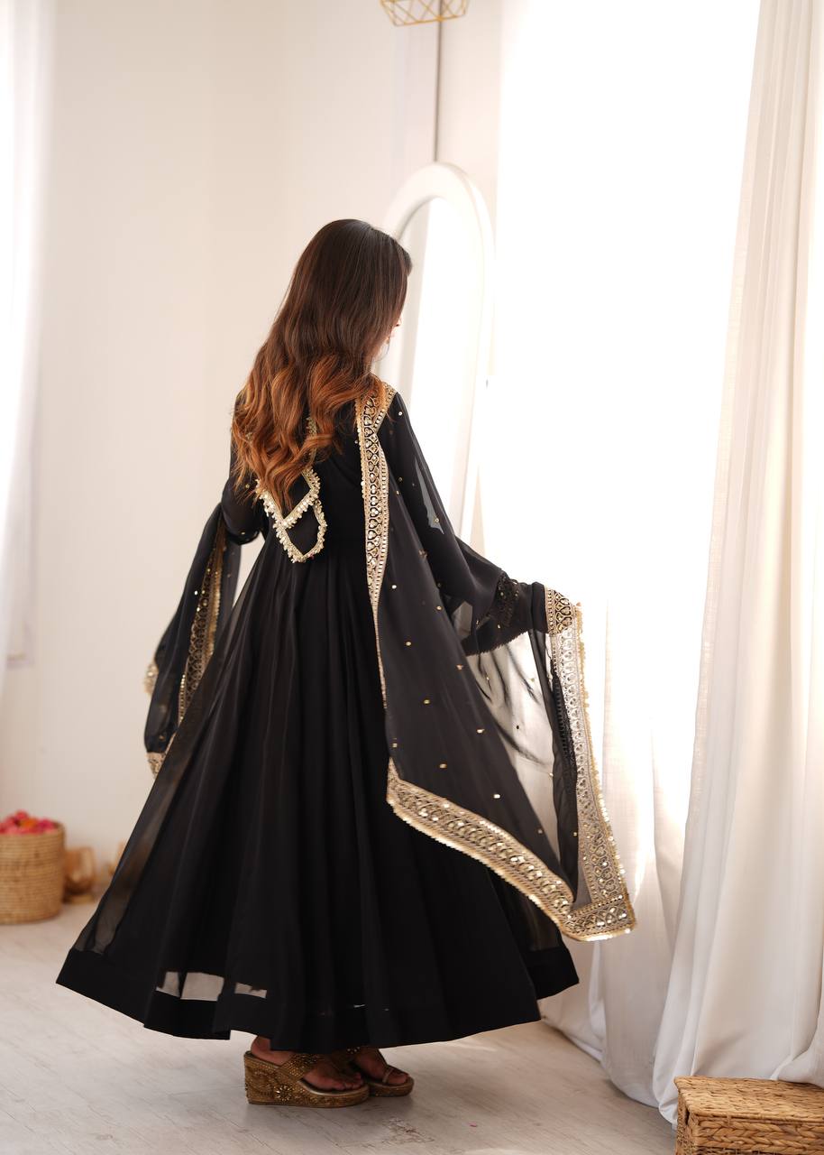 Solid Black Georgette Anarkali Suit Set with Embellished Mirror Lace Dupatta