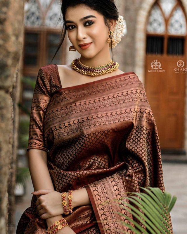 Rich Brown Silk Saree with Zari Weaving & Designer Border