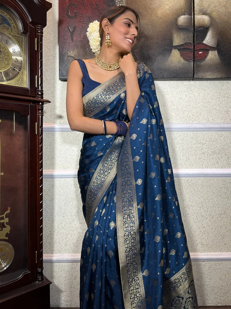 Steel Rama Silk Saree with Gold Zari Work