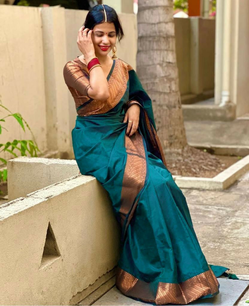 Turquoise Silk Saree with Rich Zari Border