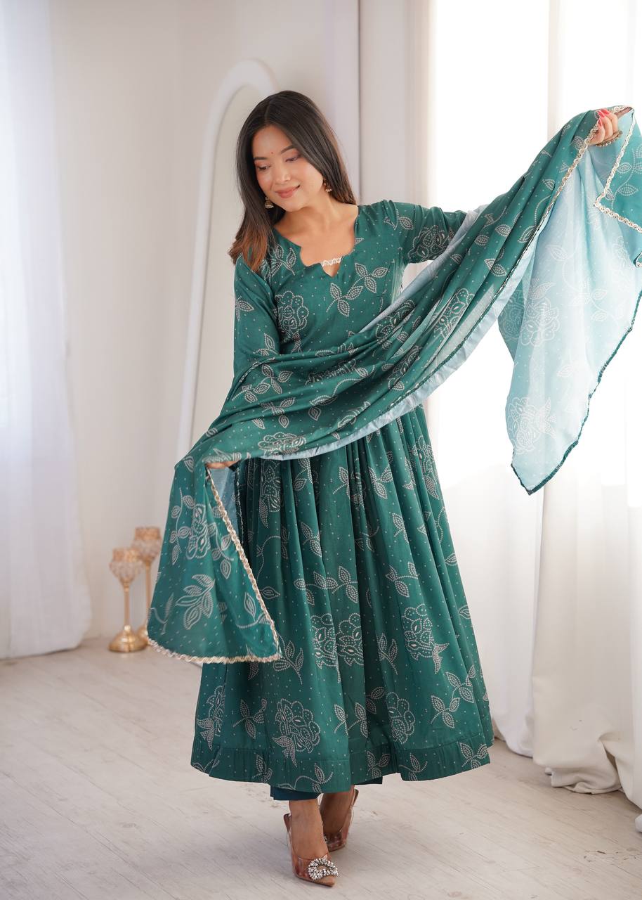 Dark Green Block Printed Anarkali Suit Set with Dupatta