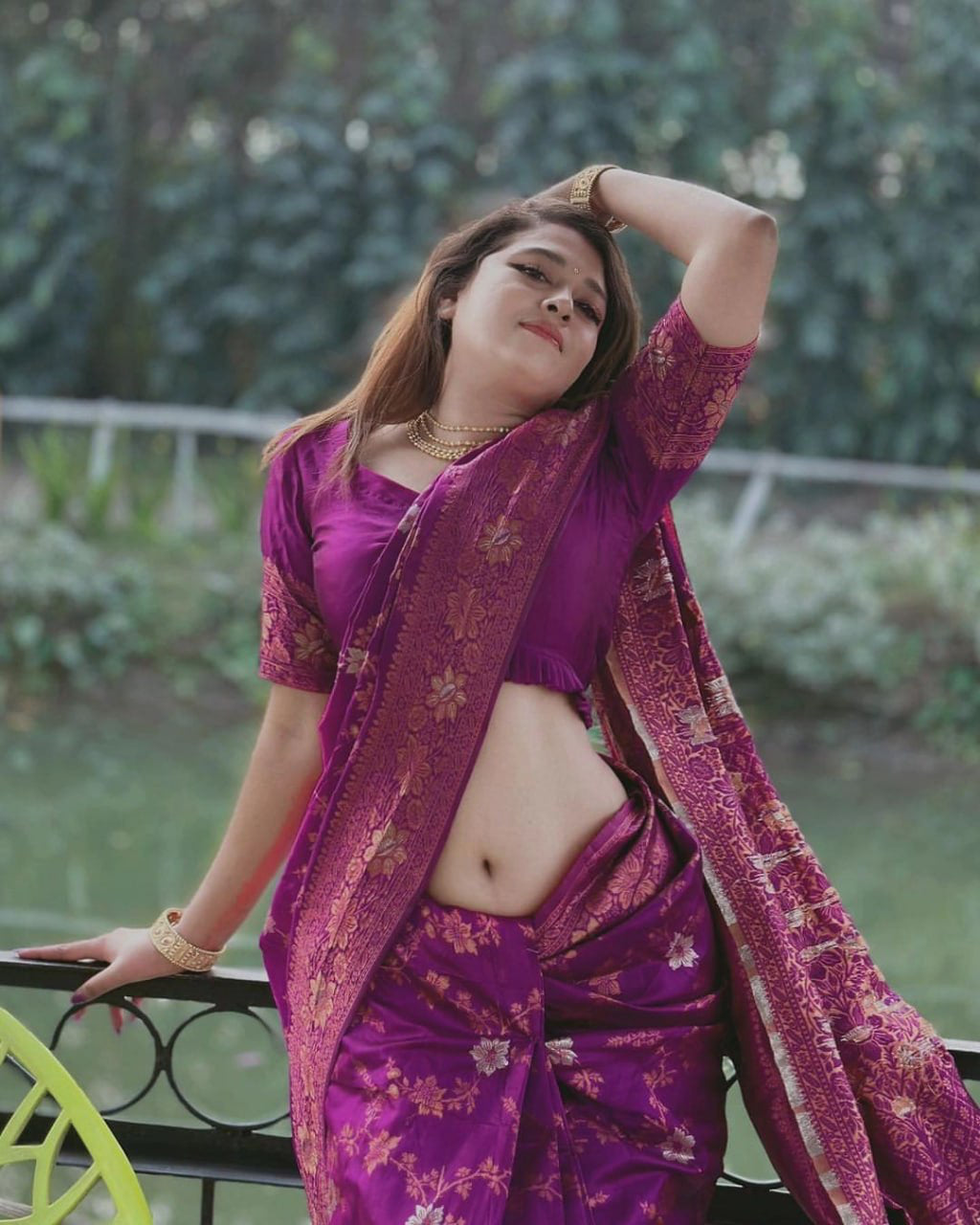 Purple Silk Saree with Gold Floral Motifs
