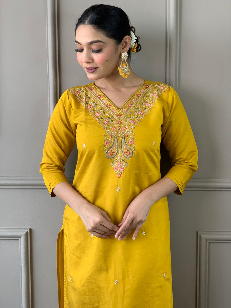 Yellow Embroidered Straight Kurta with Pants & Dupatta