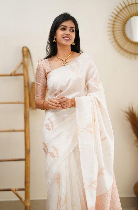 Elegant White Soft Silk Saree with Peach Border for Women