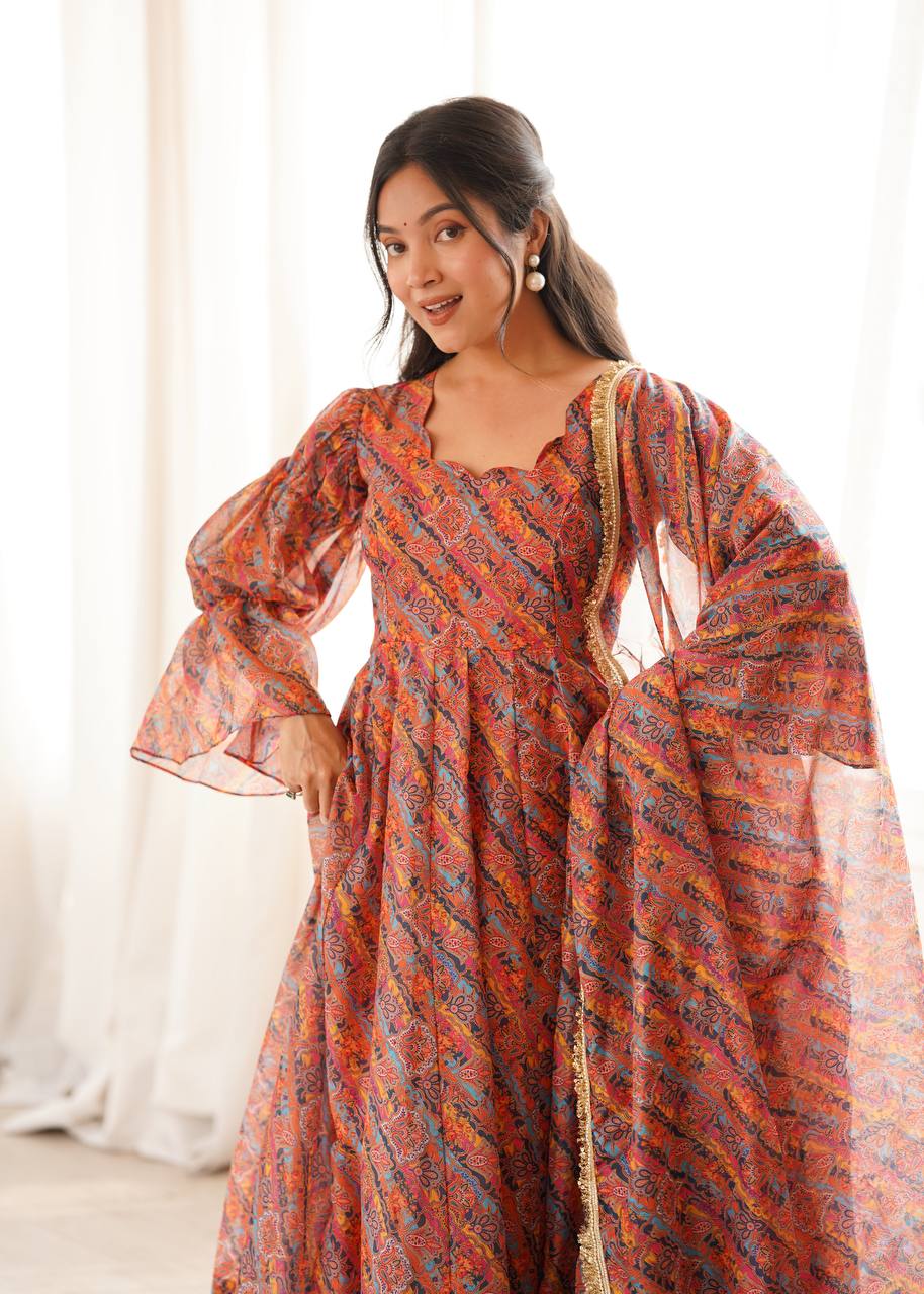 Rust Orange Floral Printed Anarkali Suit Set with Bell Sleeves & Dupatta