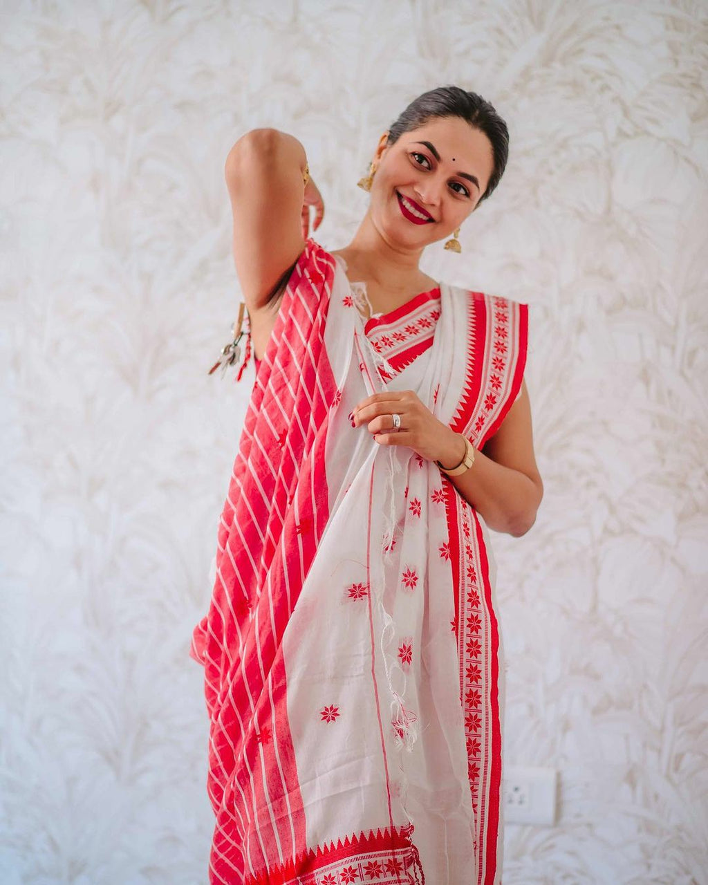 White Cotton Silk Saree with Red Border