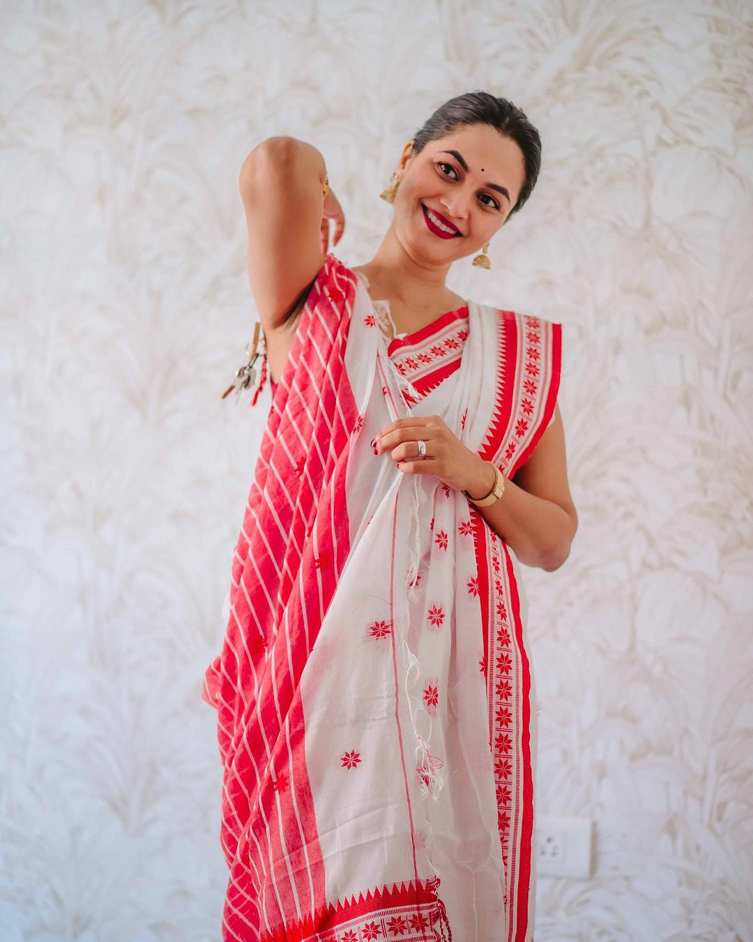 White Cotton Silk Saree with Red Border