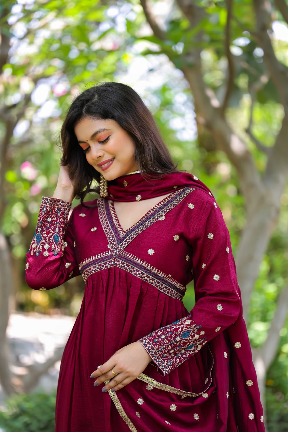 Festival Wear Chanderi Maroon Kurta Set