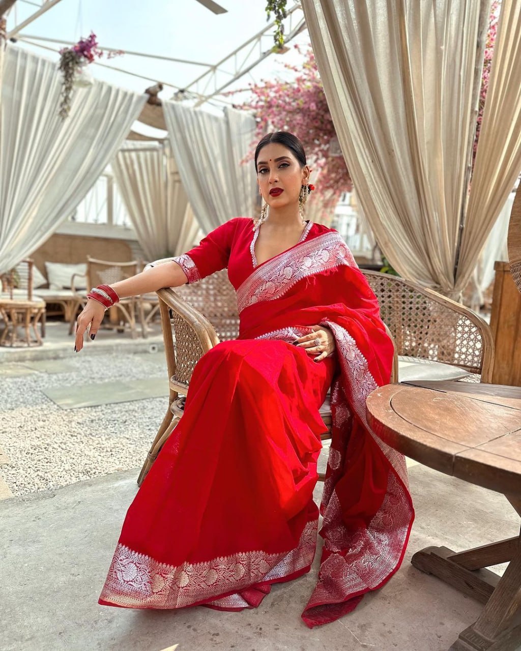 Bright Red Silk Saree with Silver Zari Border