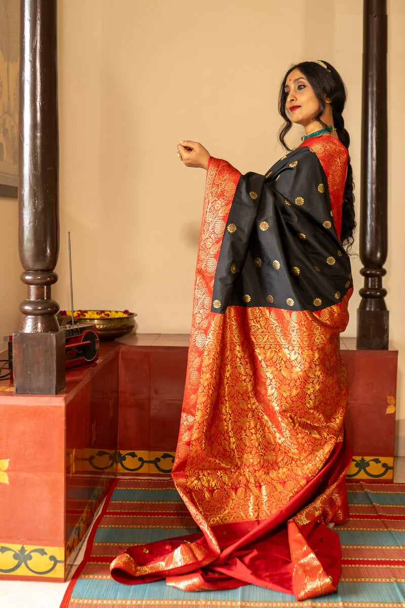 Black Saree with Red Border and Gold Motifs
