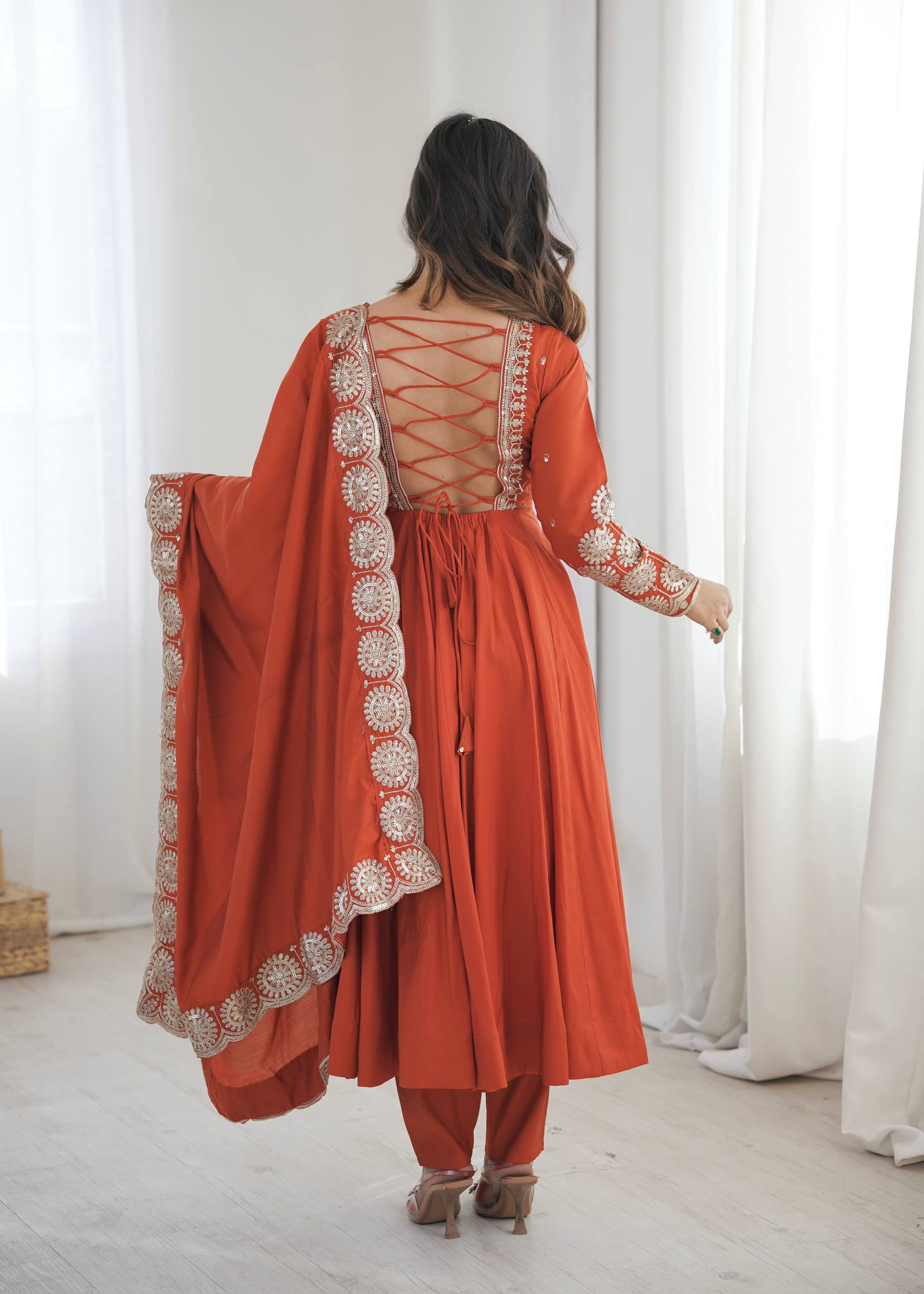 Rust Orange Georgette Anarkali Suit Set with Embroidered Bodice & Cutwork Dupatta