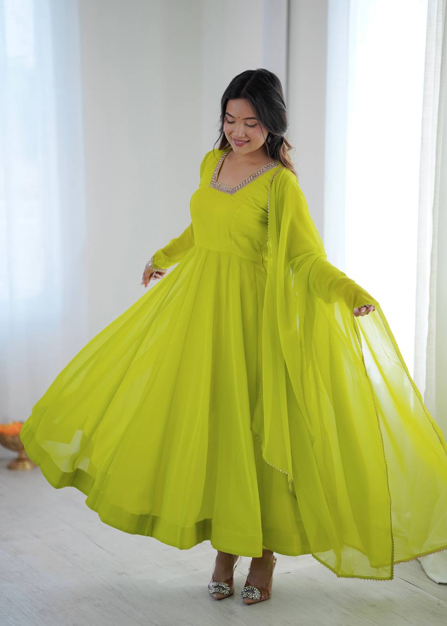 Lime Green Georgette Anarkali Suit Set with Embroidered Neck