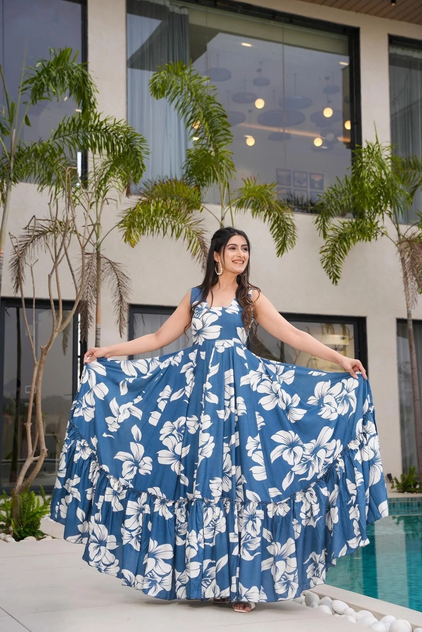 Blue Floral Maxi Dress for Women | Sleeveless Flared Long Dress