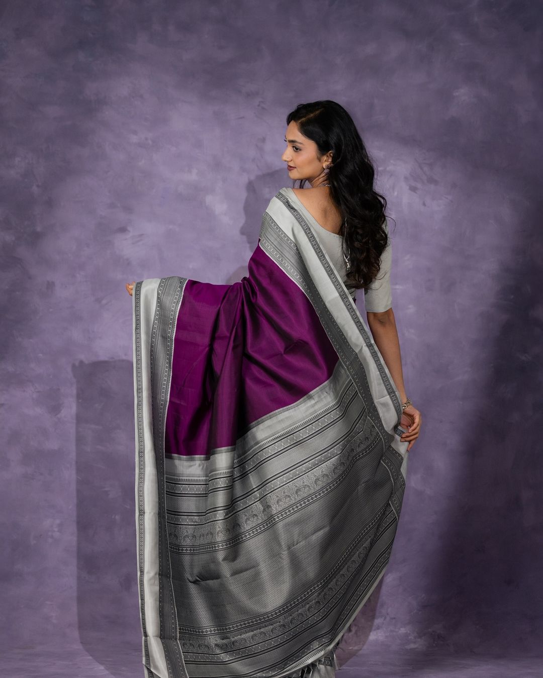 Purple Silk Saree with Silver Border
