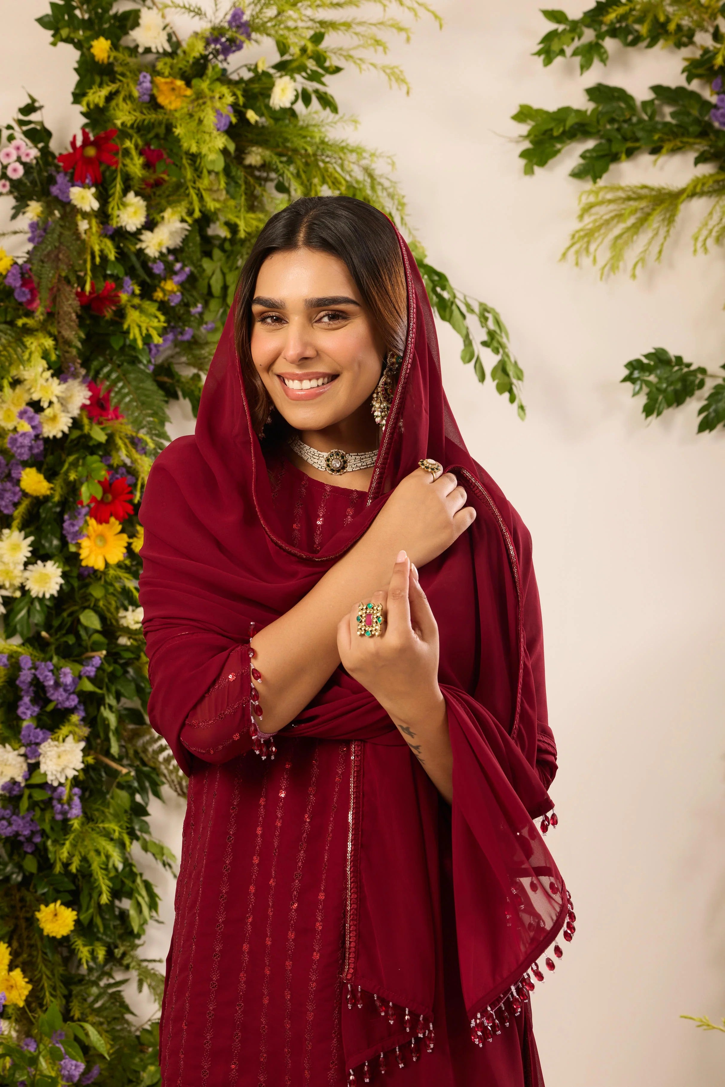 Elegant Maroon Georgette Sequin Embroidery Kurti with Pleated Sharara Pants & Matching Dupatta Set for Women