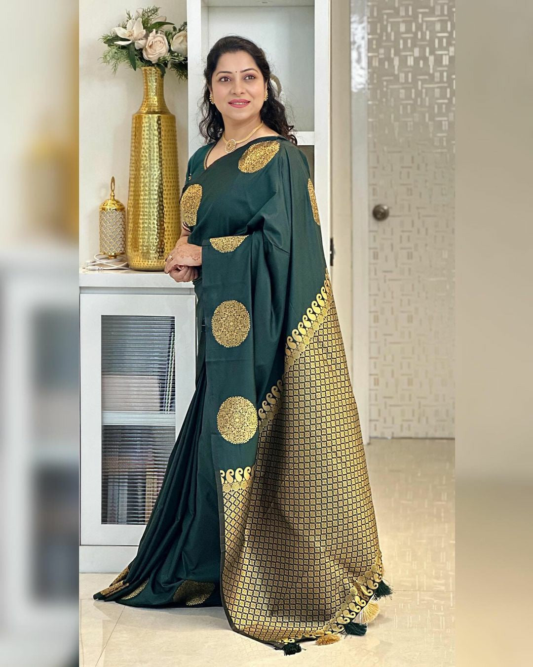 Green Banarasi Silk Saree with Bold Gold Buttas