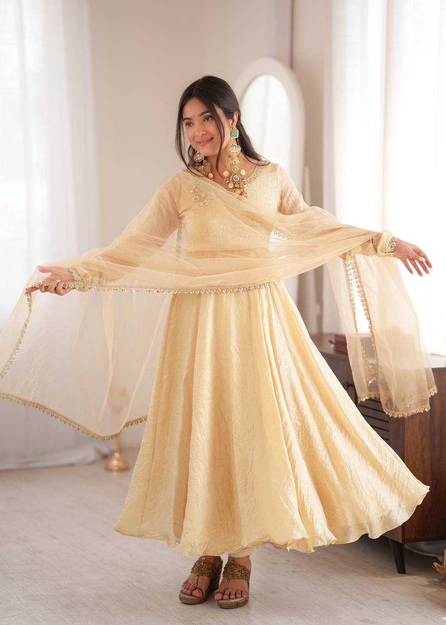 Beige Gold Tissue Silk Anarkali Suit Set with Sheer Dupatta & Pants