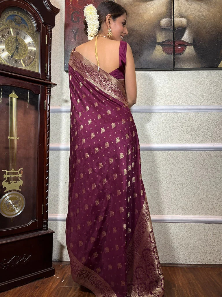 Wine Purple Silk Saree with Gold Zari Work