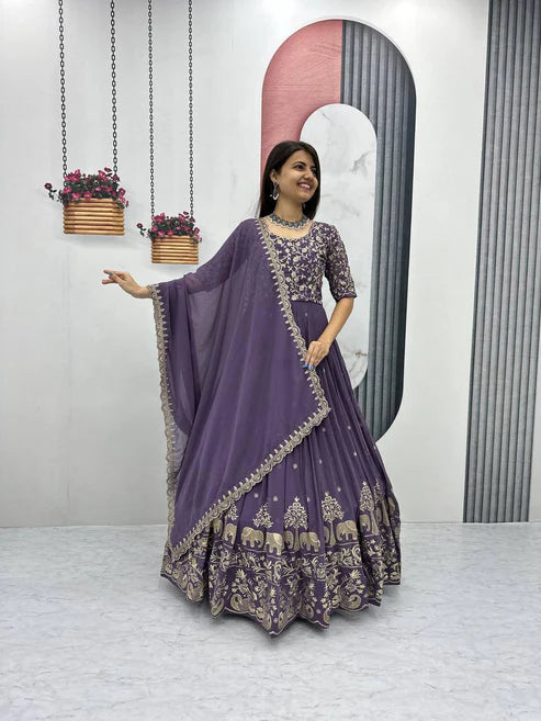 Georgette Embroidered Anarkali Gown Dress with Elephant Motif Border & Dupatta