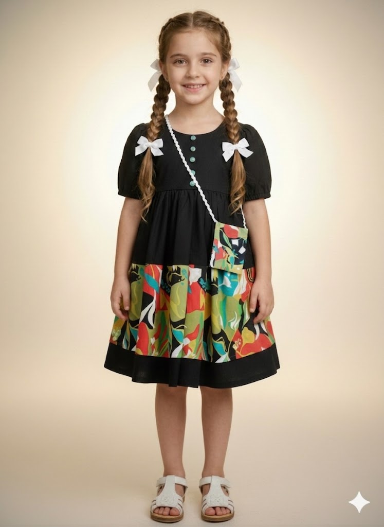 Girls Printed Party Wear Frock Dress with Sling Bag