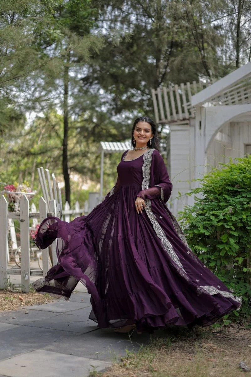 Dark Purple Anarkali Gown with Embroidered Dupatta for Women