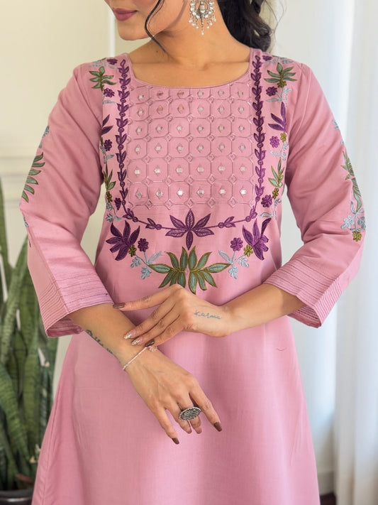 Charming Pink Embroidered Kurta Set with Sheer Dupatta