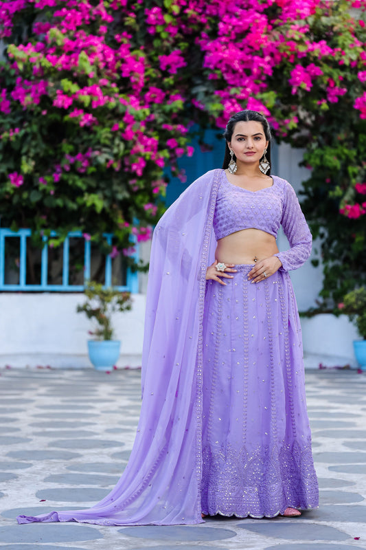 Designer Sequence With Embroidered Wedding Wear Lavender Lehenga Choli