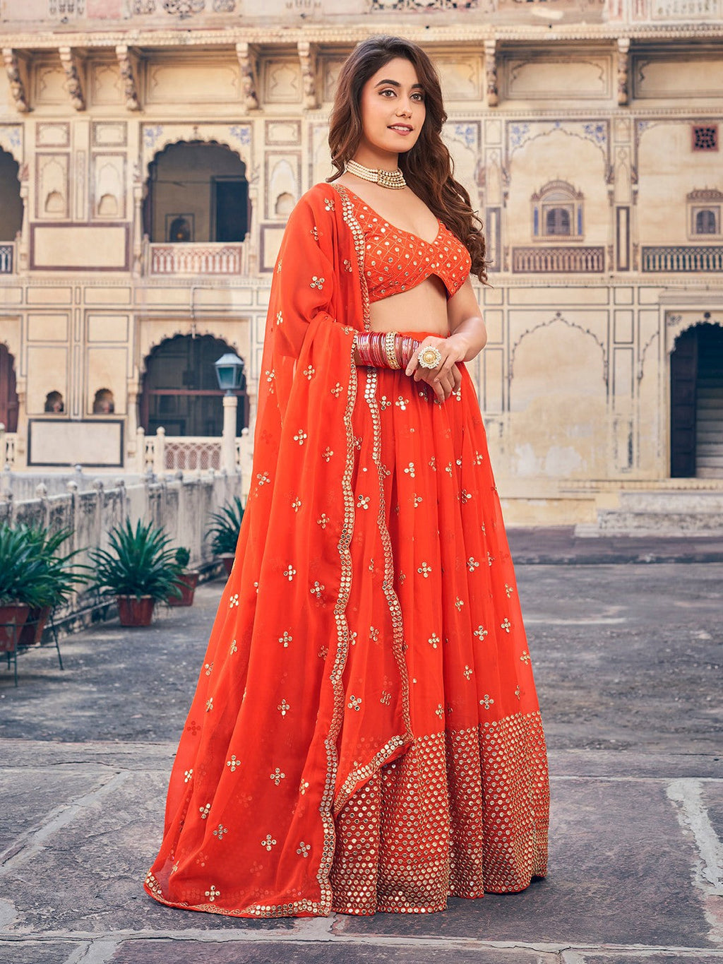 Orange Lehenga Set with Gold Embroidery