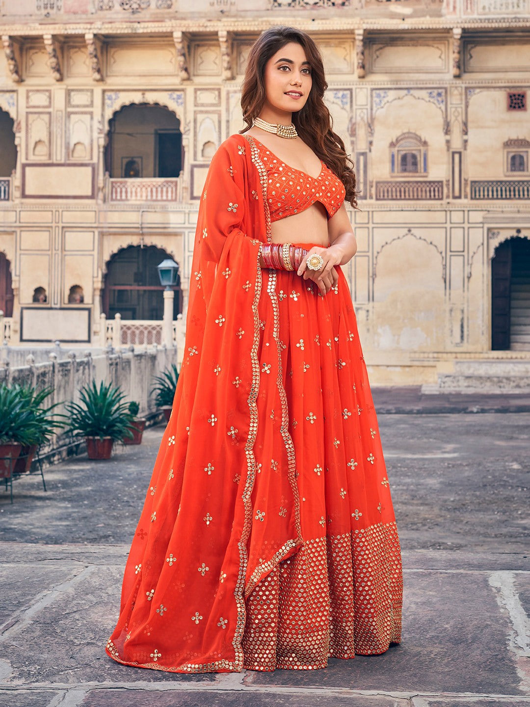 Georgette Wedding Wear Orange Lehenga Choli