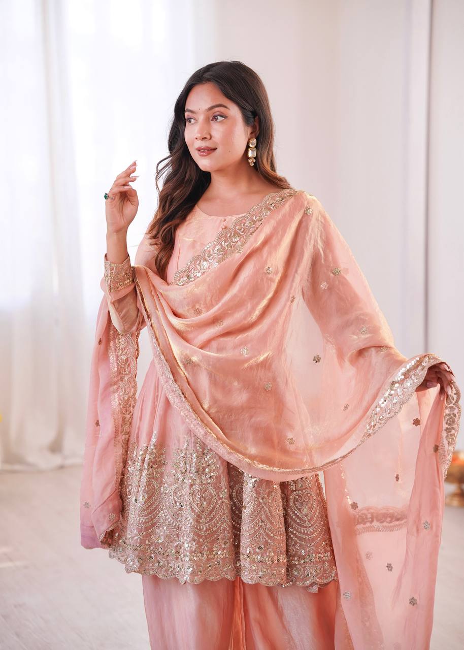 Heavily Embellished Tissue Silk Short Kurta Sharara Set with Organza Dupatta