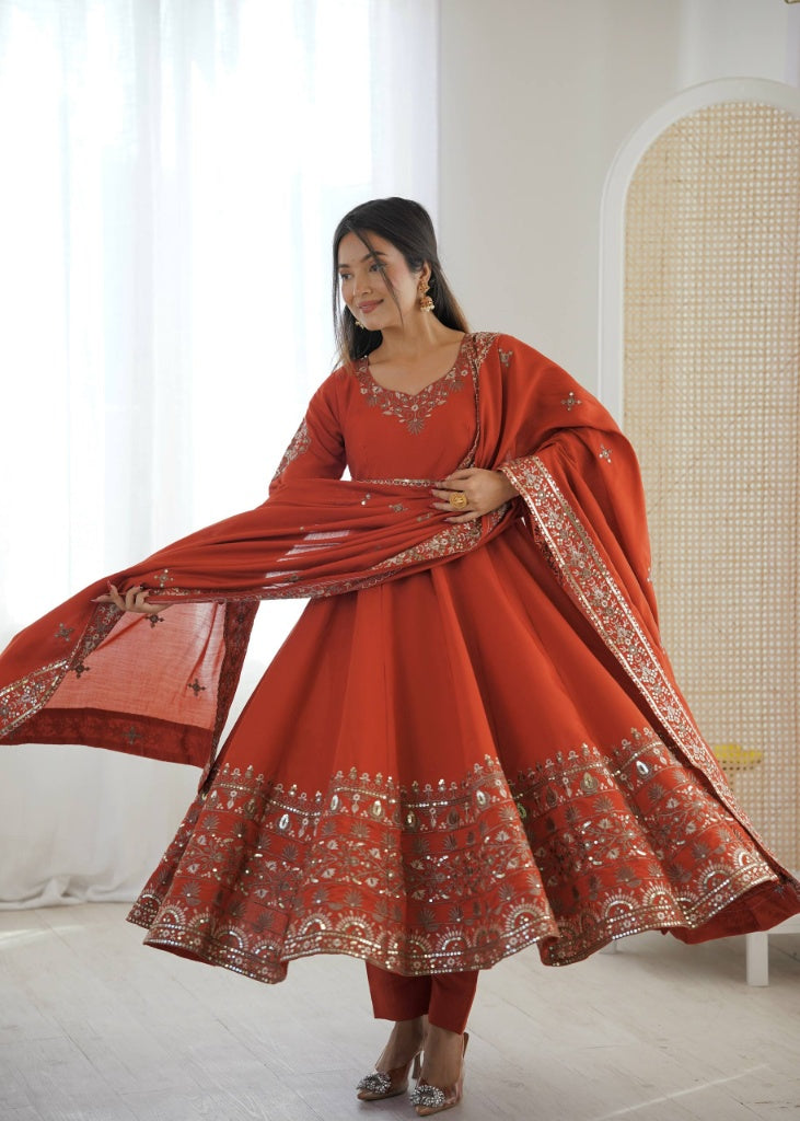 Flared Anarkali Suit Set with Intricate Border Embroidery & Matching Dupatta