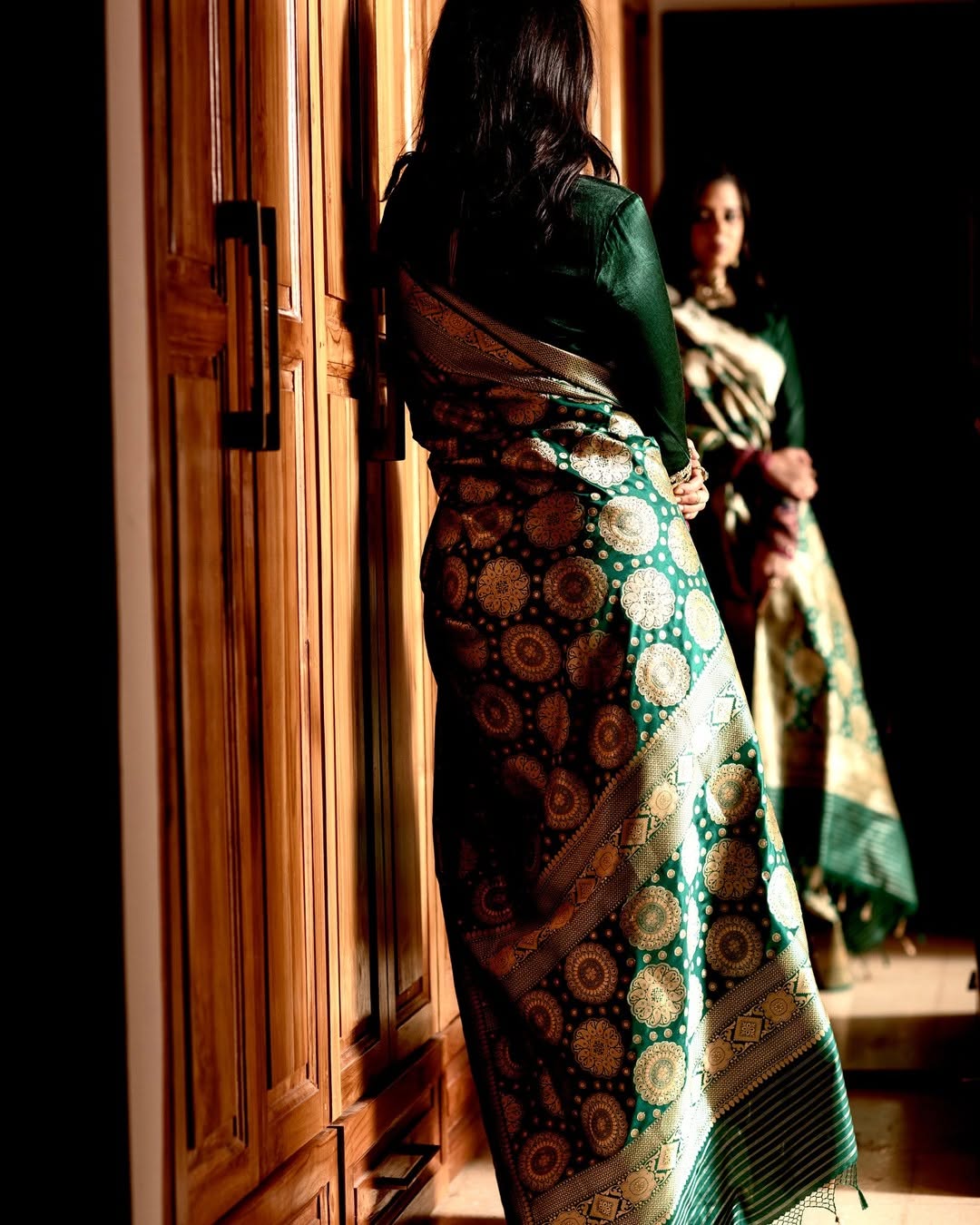 Green Banarasi Silk Saree with Gold Zari Motifs