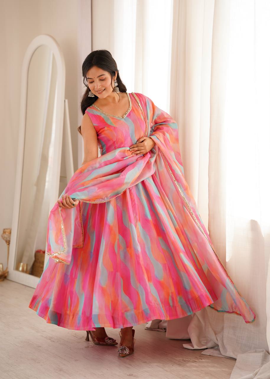 Multi-Color Abstract Printed Anarkali Suit Set with Dupatta