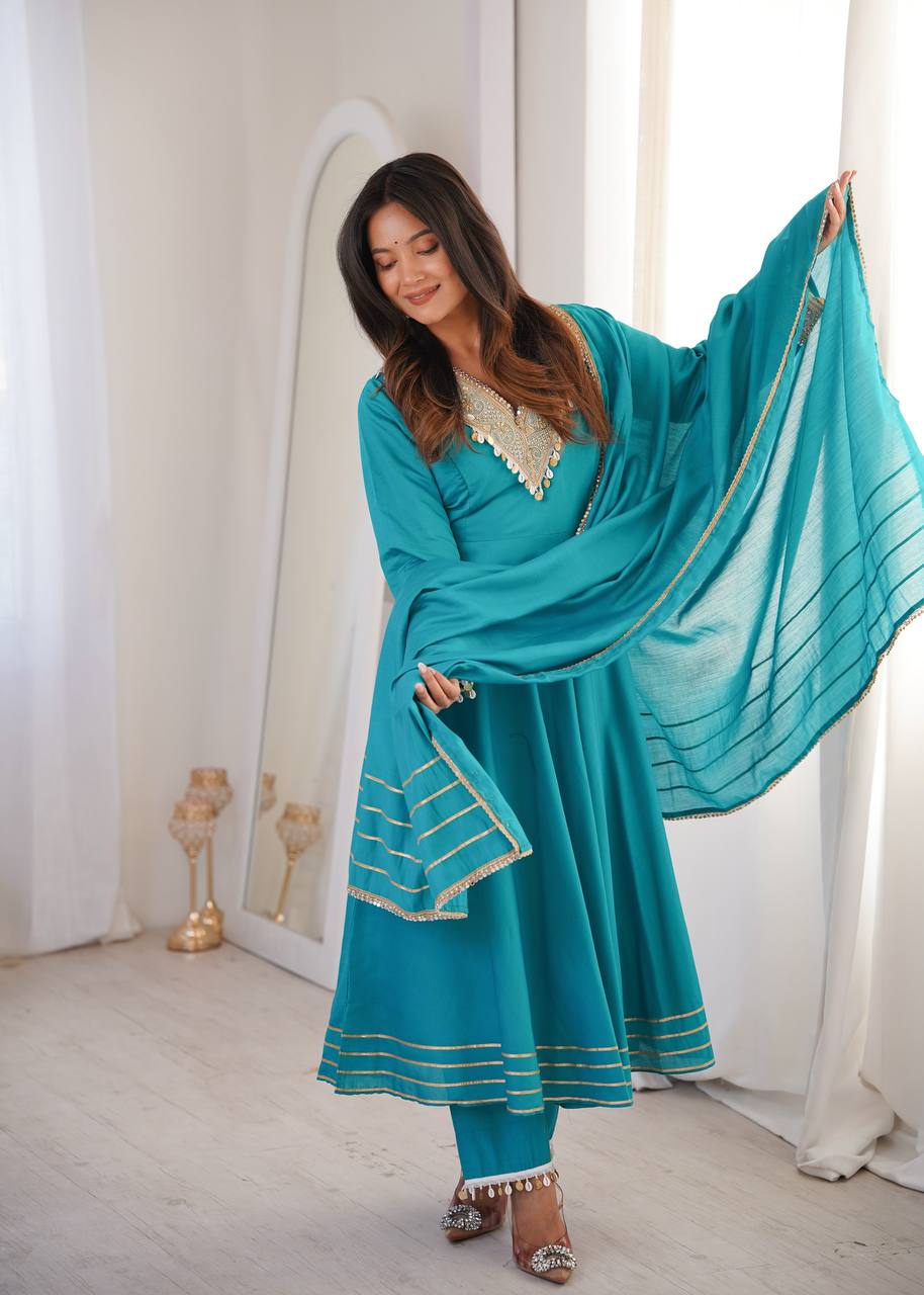 Teal Blue Anarkali Suit Set with Shell Embellishment & Gota Patti