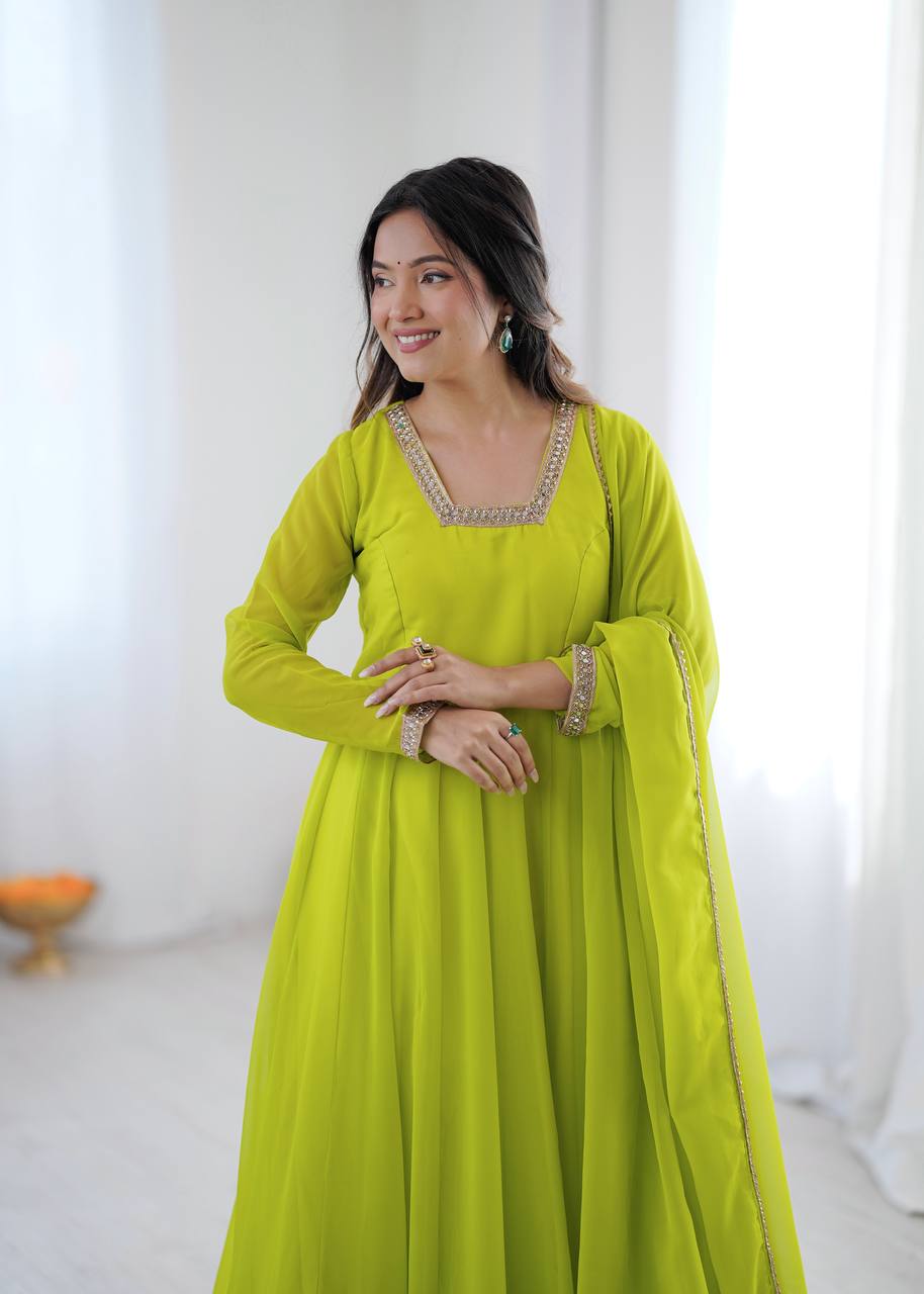 Lime Green Georgette Anarkali Suit Set with Embroidered Neck