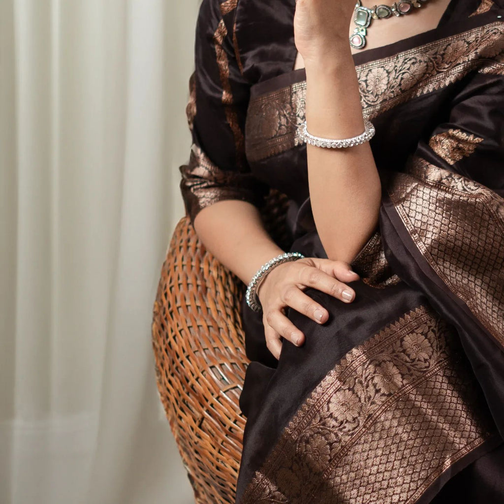 Chocolate Brown Silk Saree with Antique Gold Zari