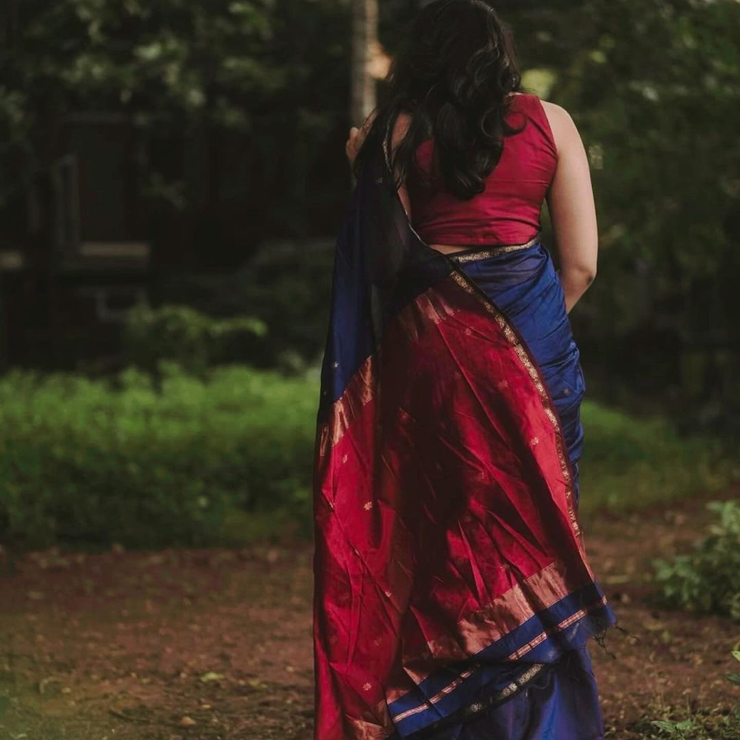 Royal Blue Saree with Red Pallu & Golden Border