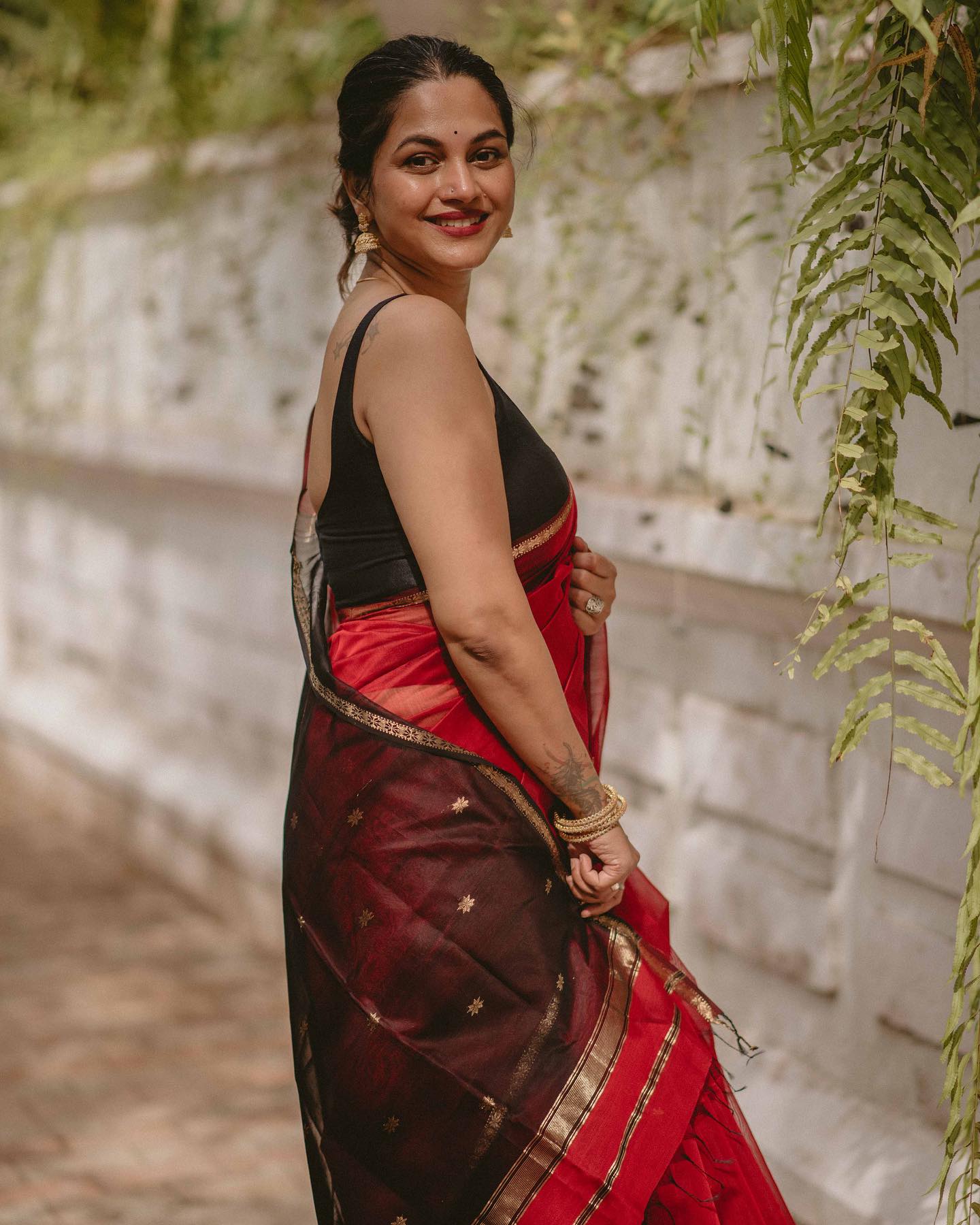 Red Silk Saree with Black Border