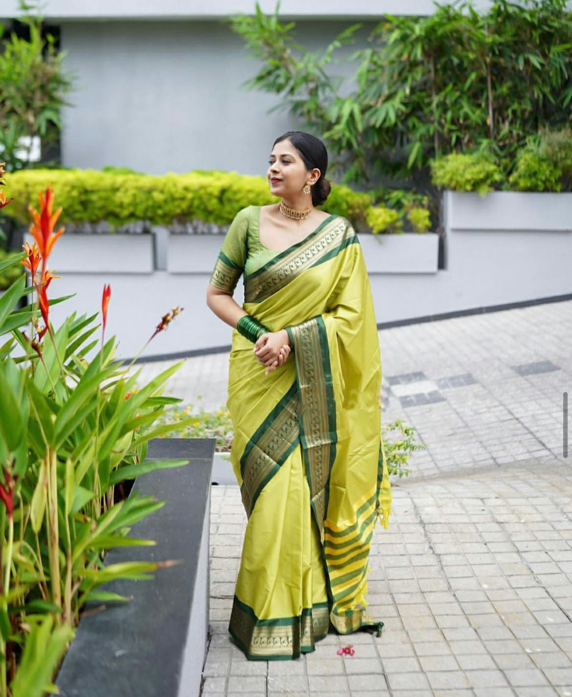 Lime Green Silk Saree with Contrast Green Border & Gold Zari Weaving