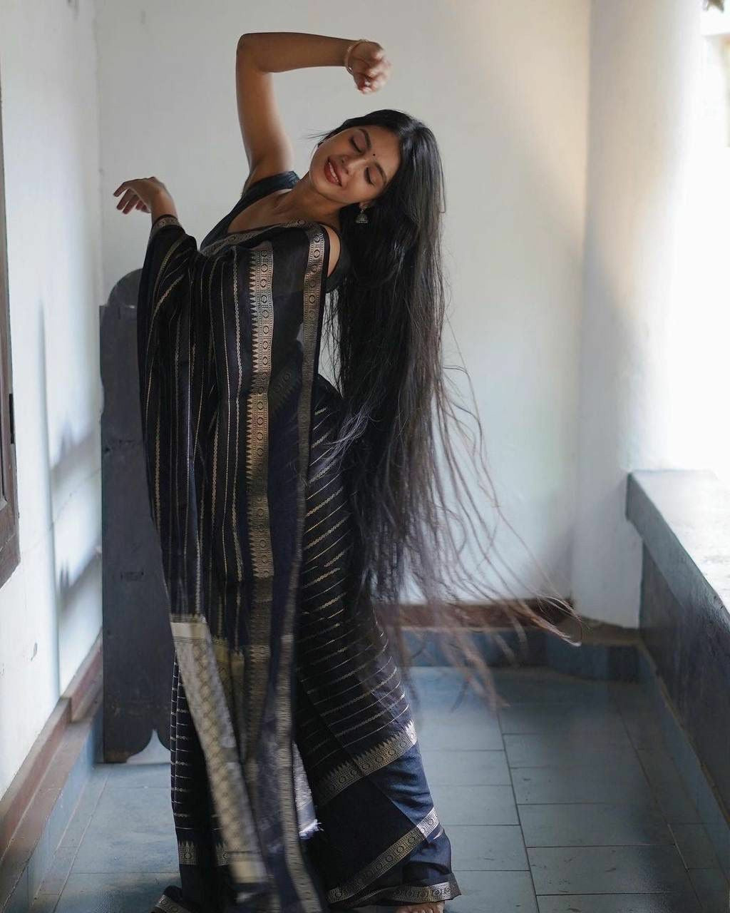 Black Silk Saree with Gold Zari Stripes