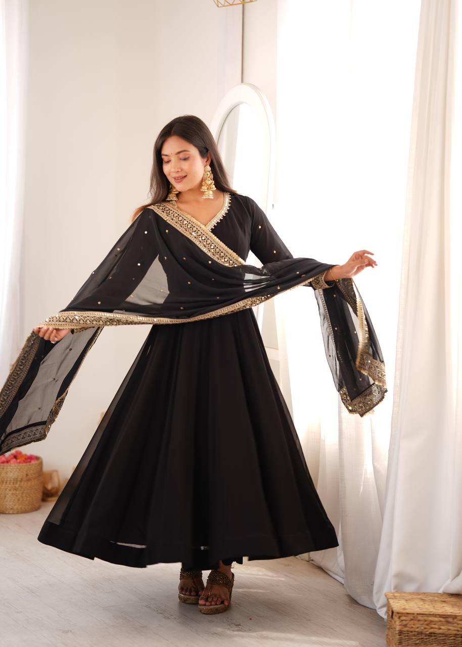 Solid Black Georgette Anarkali Suit Set with Embellished Mirror Lace Dupatta