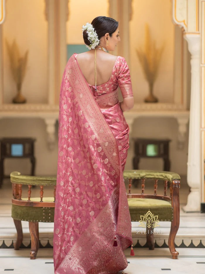 Dusty Rose Peach Silk Saree with Gold Zari Work