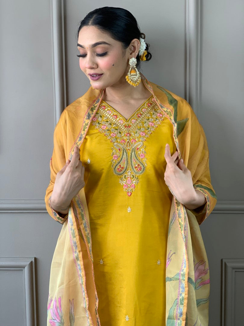 Yellow Embroidered Straight Kurta with Pants & Dupatta