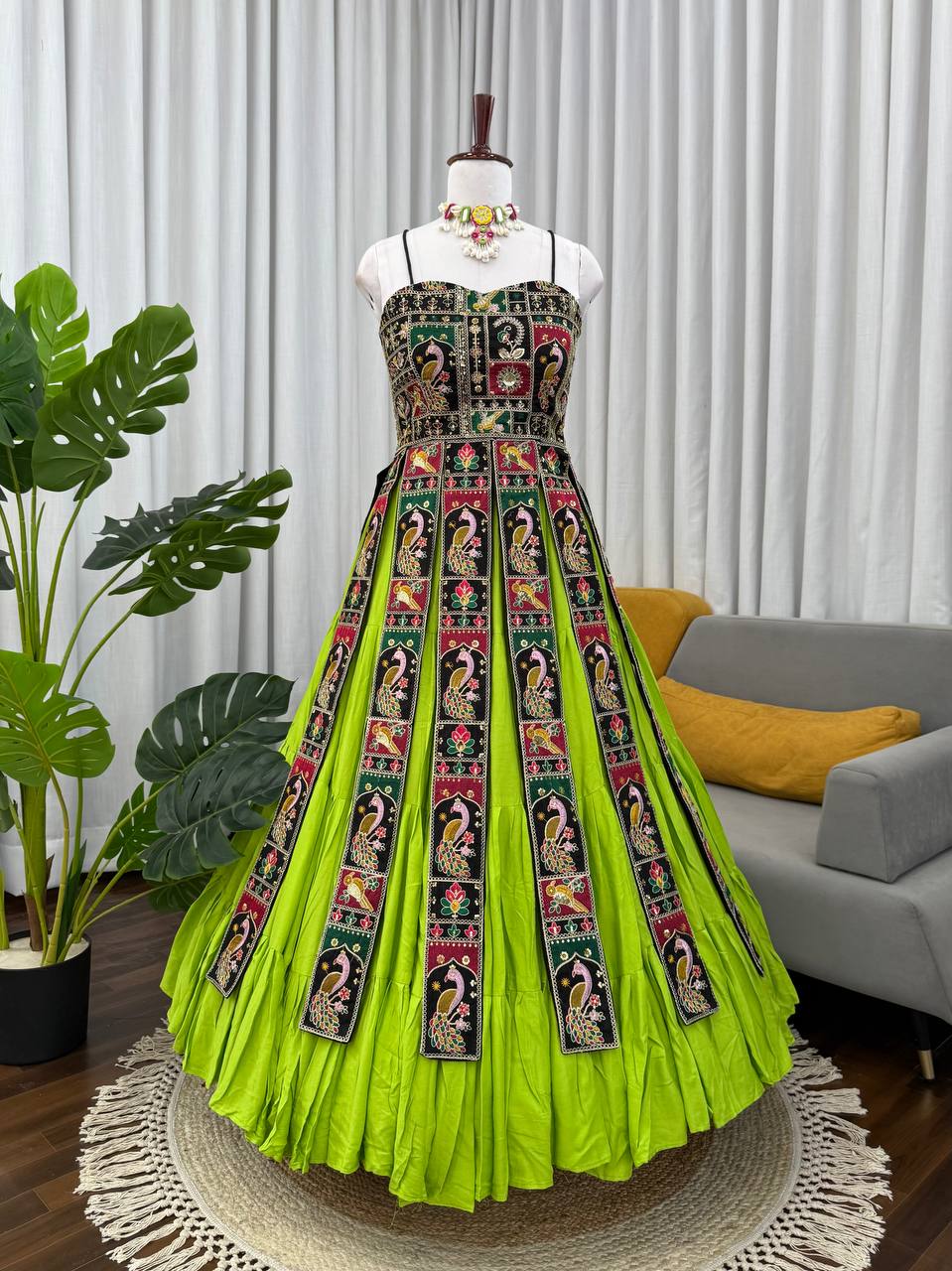 Parrot Green Spaghetti Strap Gown with Peacock Patchwork Panels