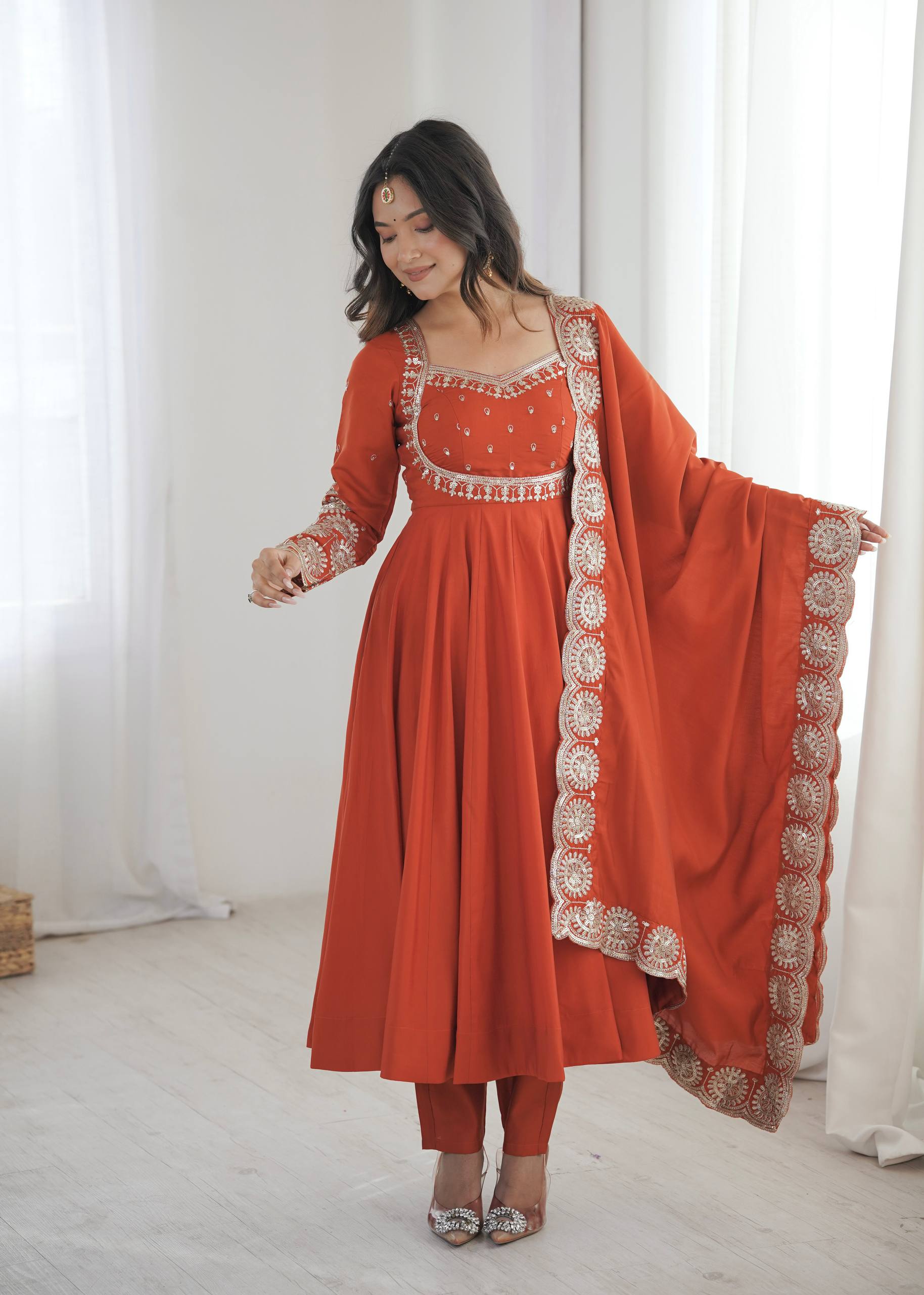 Rust Orange Georgette Anarkali Suit Set with Embroidered Bodice & Cutwork Dupatta