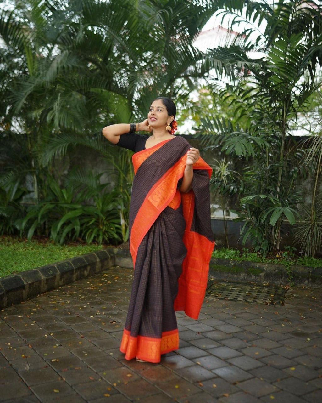Black Cotton Saree with Orange Border | Handloom Casual & Festive Wear Saree