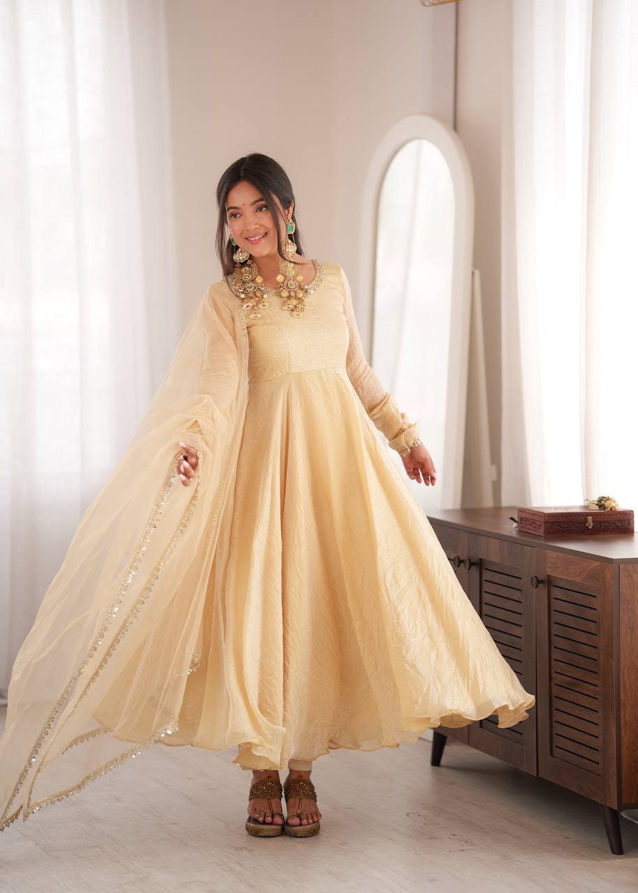 Beige Gold Tissue Silk Anarkali Suit Set with Sheer Dupatta & Pants